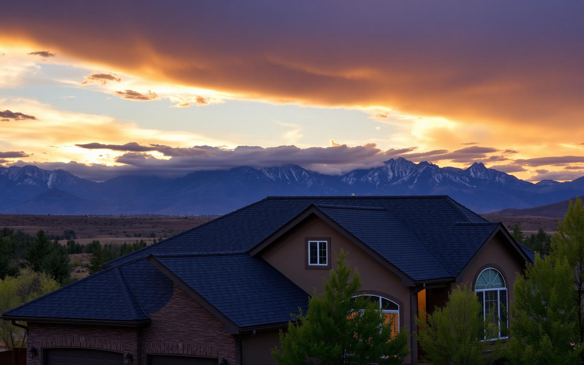 Colorado home with new roof at sunset with Front Range mountains behind